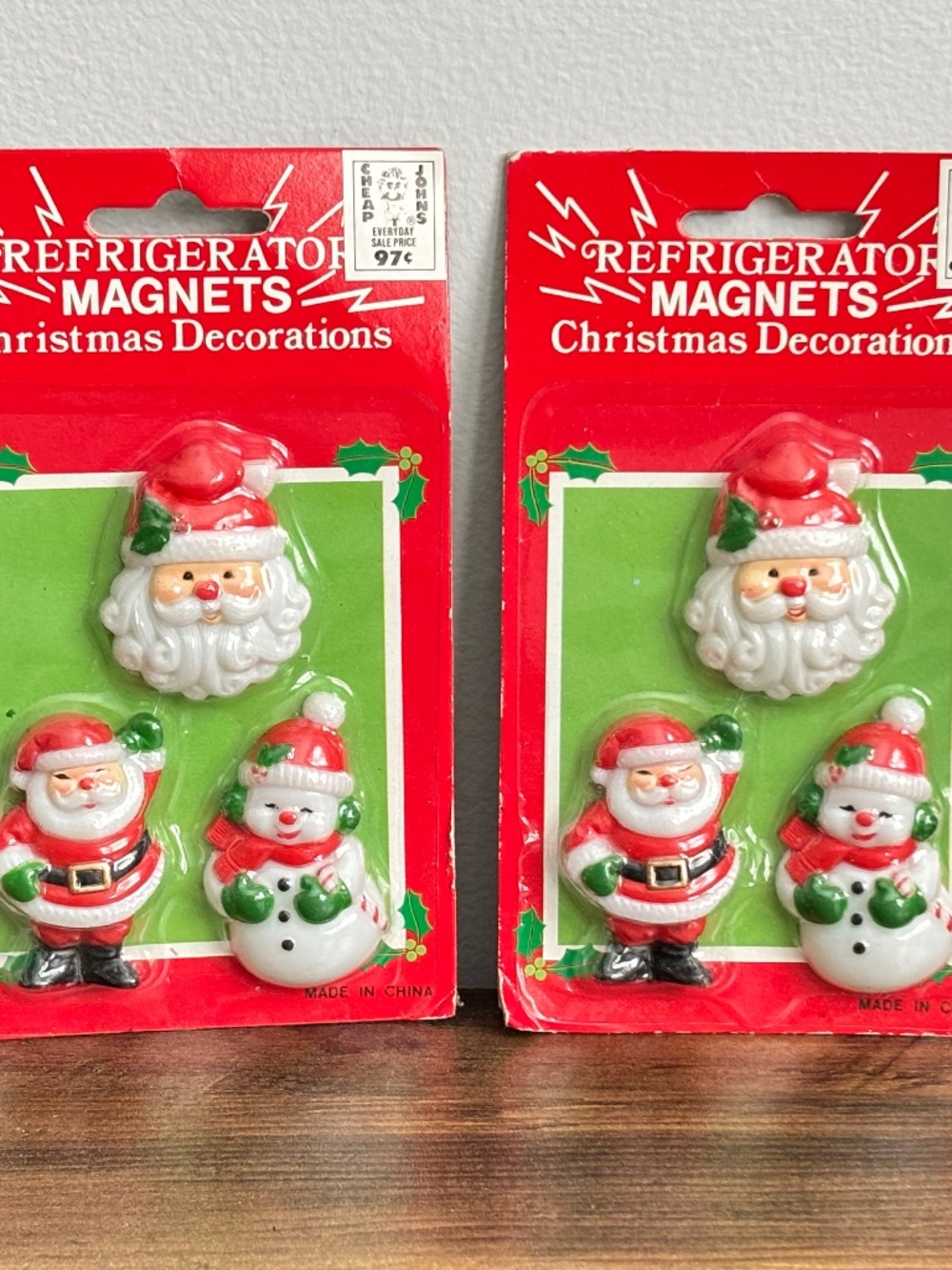 VINTAGE Christmas Memo Refrigerator Magnets SET Santa Snowman Plastic 2 pks NEW